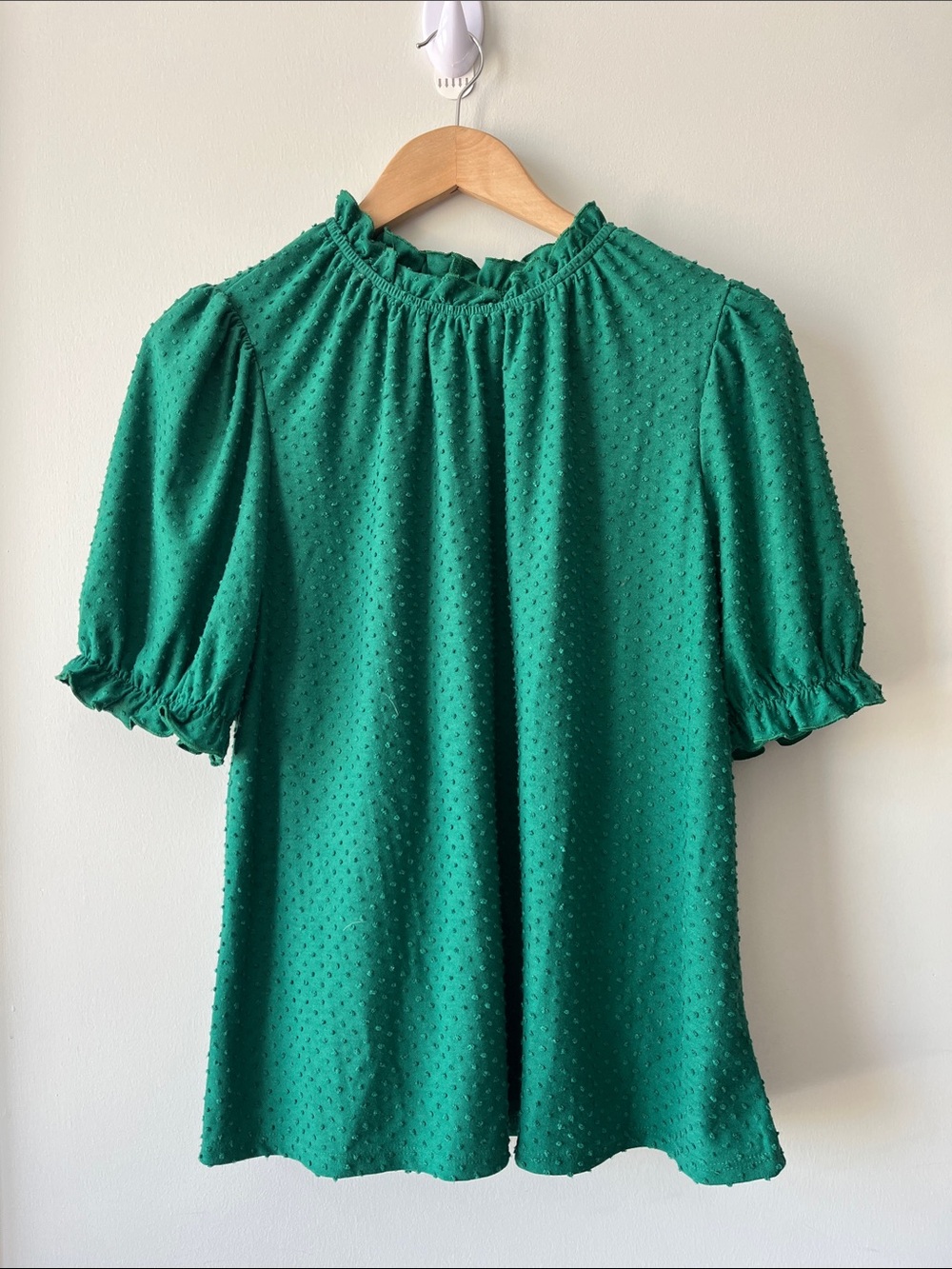 Emerald Puff-Sleeve Swiss Dot Blouse with Ruffled Neck